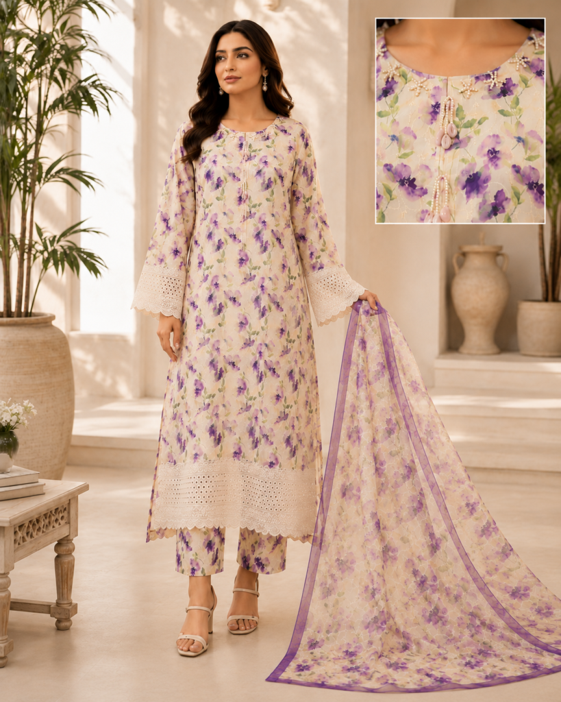 AFS Floral Elegance – 3 Piece Cotton Mix Lawn Suit with Chiffon Dupatta