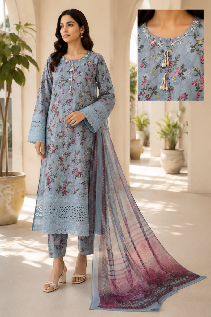 AFS Floral Serenity – 3 Piece Cotton Mix Lawn Suit with Chiffon Dupatta