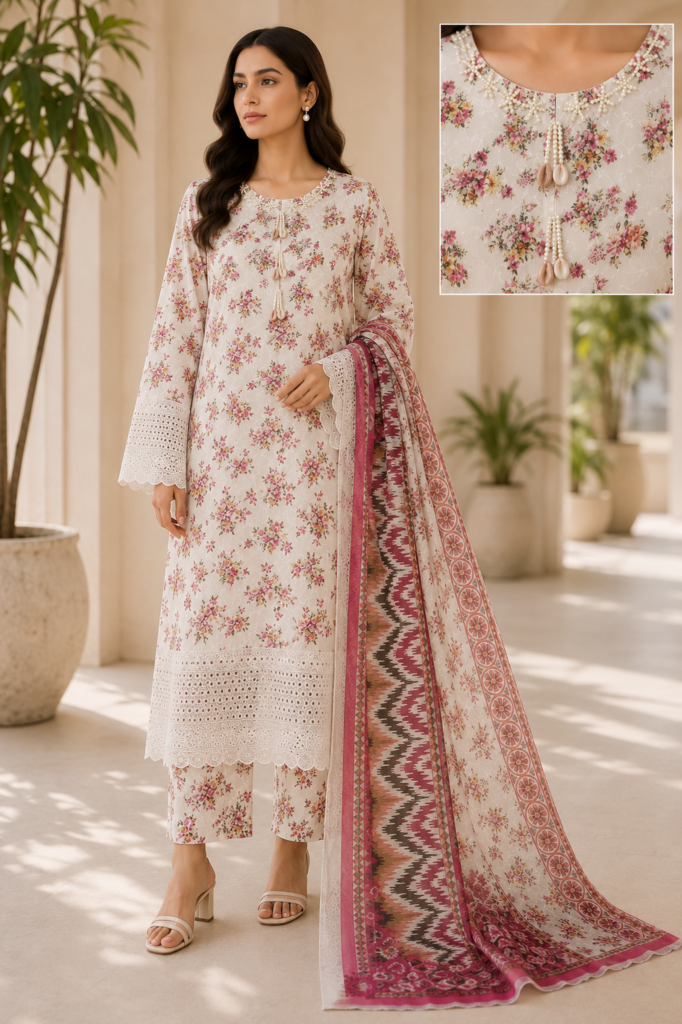 AFS Blush Blossom – 3 Piece Cotton Mix Lawn Suit with Chiffon Dupatta