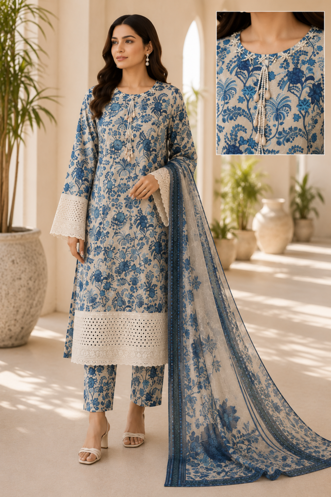 AFS Royal Bloom – 3 Piece Cotton Mix Lawn Suit with Chiffon Dupatta