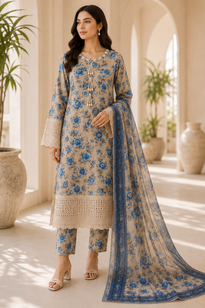 AFS Azure Blossom – 3 Piece Cotton Mix Lawn Suit with Chiffon Dupatta