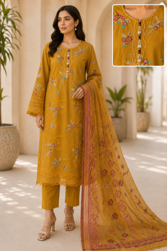 AFS Golden Charm – 3 Piece Embroidered Cotton Suit with Net Dupatta