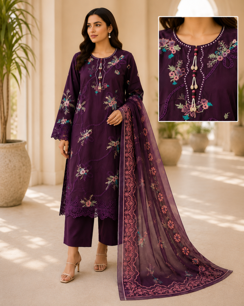 AFS Royal Plum – 3 Piece Embroidered Cotton Suit with Net Dupatta