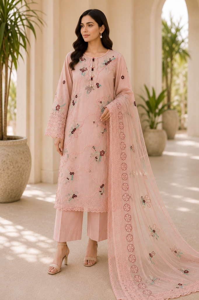 AFS Blush Elegance – 3 Piece Embroidered Cotton Suit with Net Dupatta