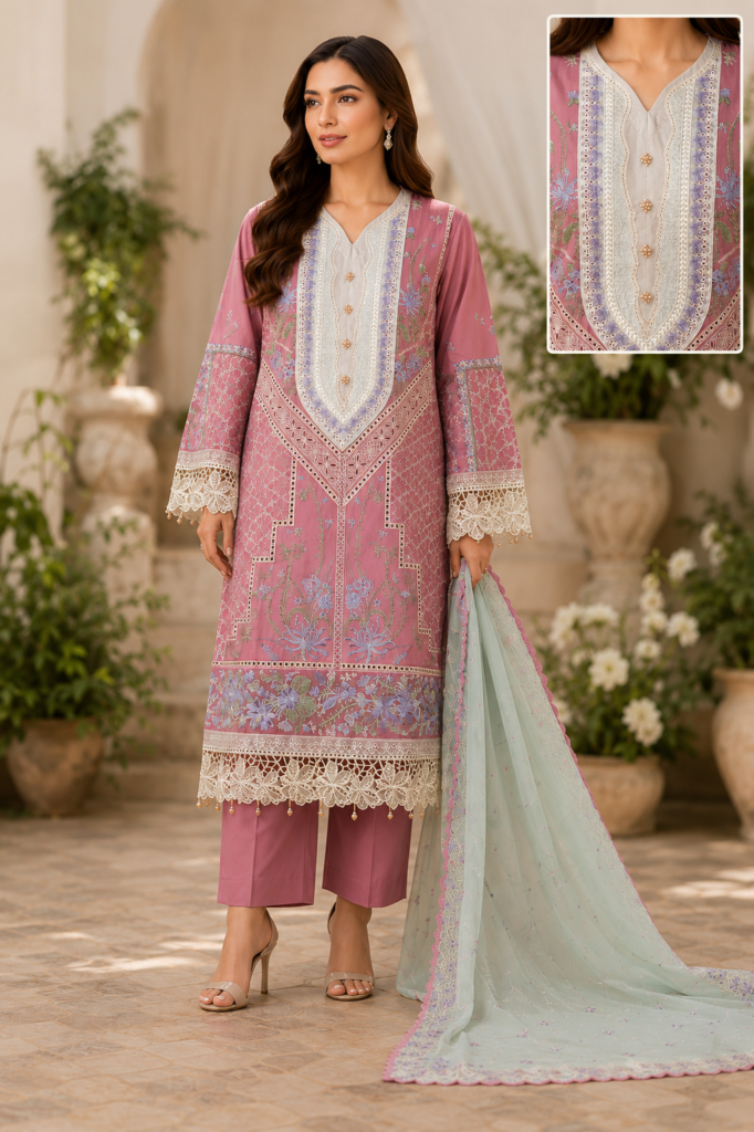 AFS Premium Cotton Embroidered 3-Piece Suit – Dusty Rose