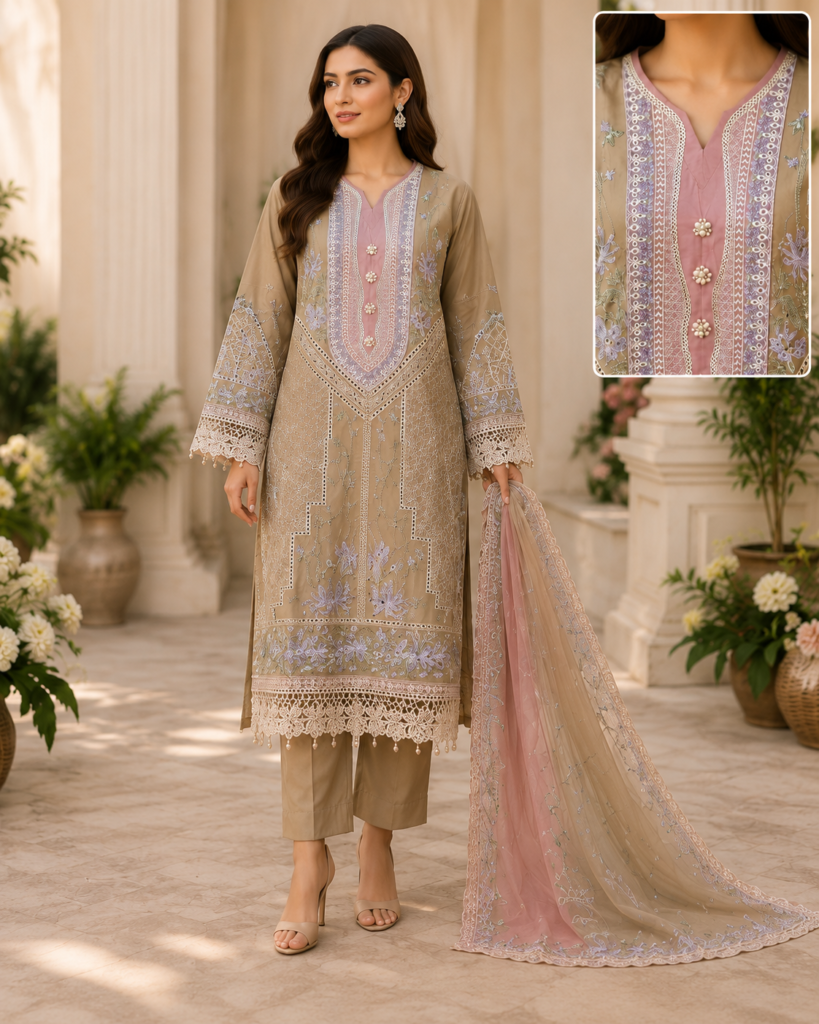 AFS Premium Cotton Embroidered 3-Piece Suit – Sand Beige