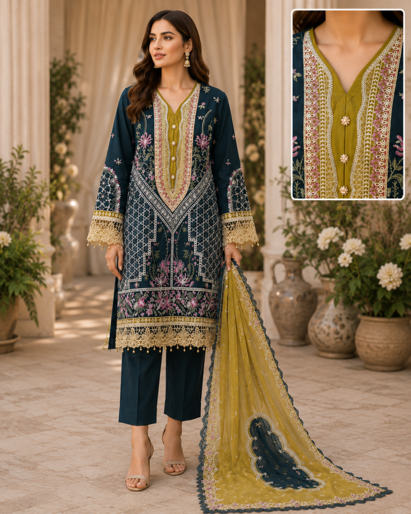 Premium Cotton Embroidered 3-Piece Suit – Midnight Teal