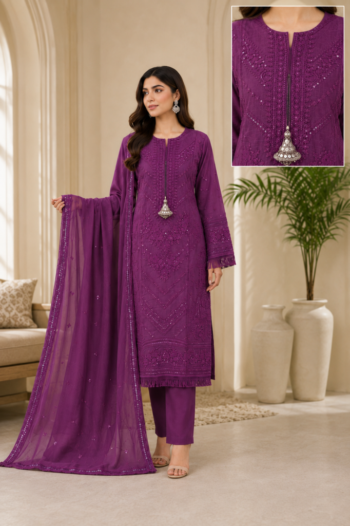 Luxury Khadi Embroidered 3-Piece Suit – Royal Plum