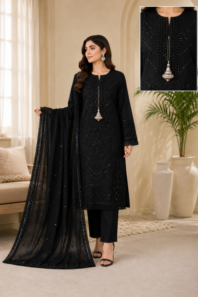 Luxury Khadi Embroidered 3-Piece Suit – Onyx Black