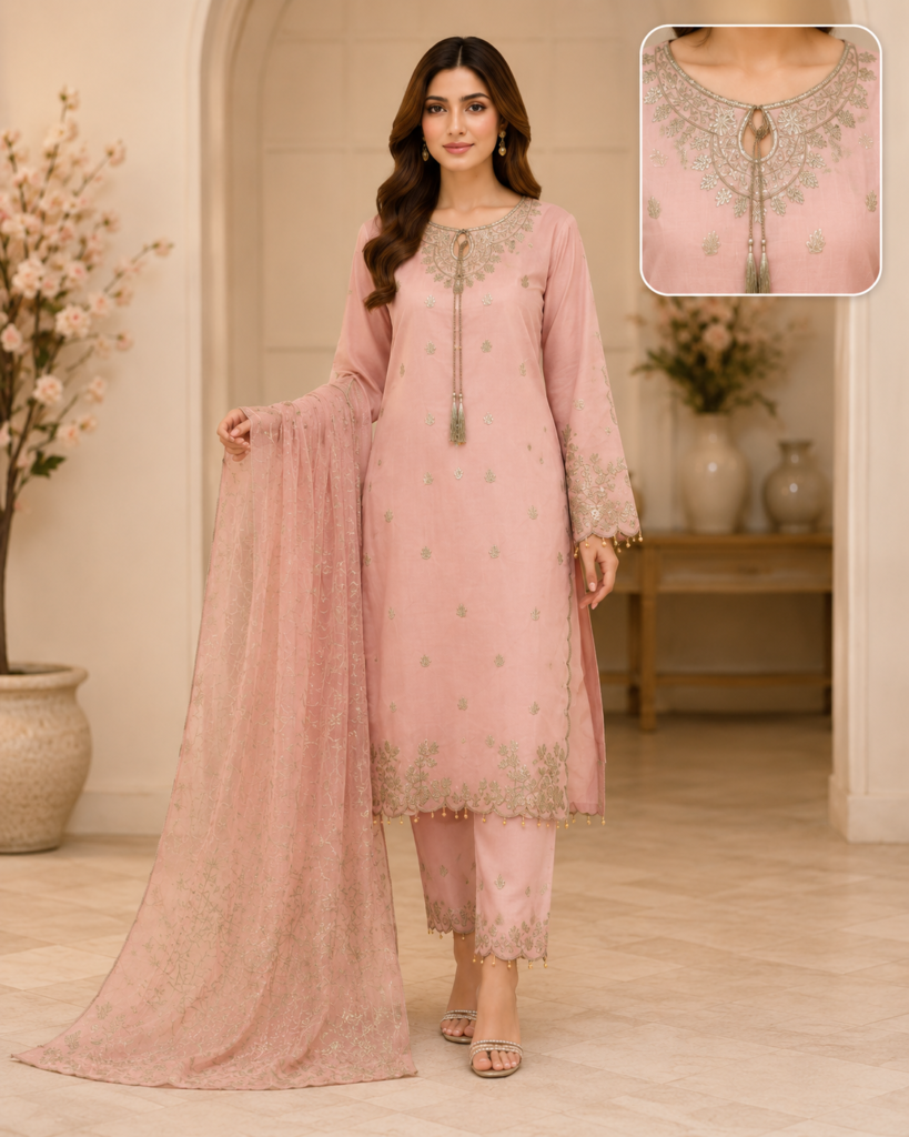 Premium Cotton Embroidered 3-Piece Suit – Blush Pink