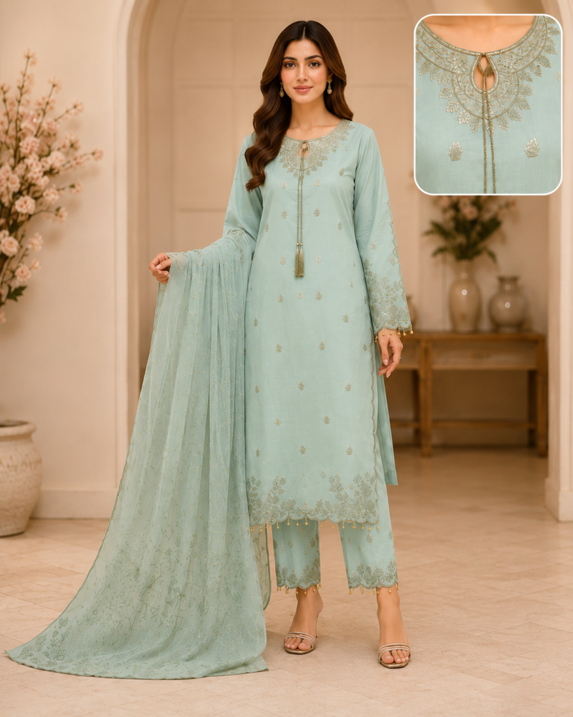 Premium Cotton Embroidered 3-Piece Suit – Mint Aqua