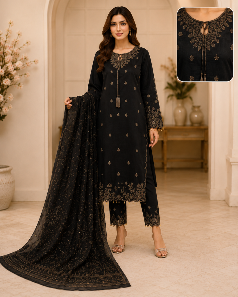 Premium Cotton Embroidered 3-Piece Suit – Onyx Black