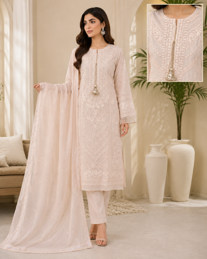 Luxury Khadi Embroidered 3-Piece Suit – Ivory Pearl
