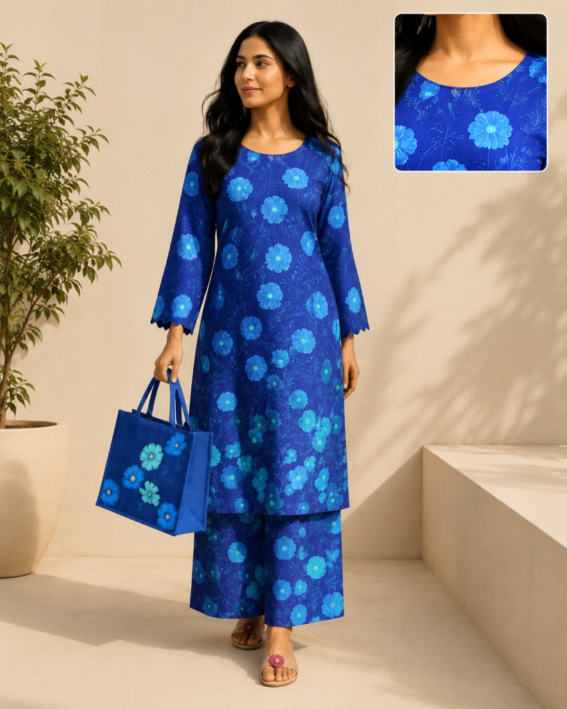 Royal Blue Floral Printed Lawn Suit with Matching Hand Bag