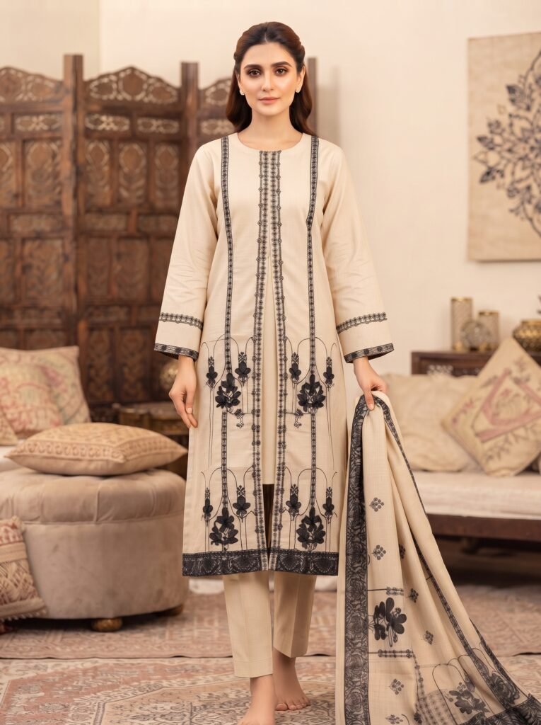 Premium Cotton Embroidered 3-Piece Suit – Ivory Beige