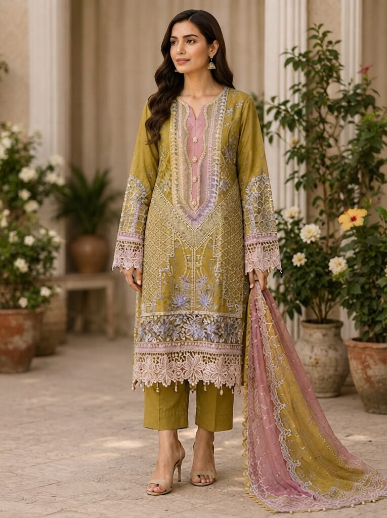 Premium Cotton Embroidered 3-Piece Suit – Olive Gold